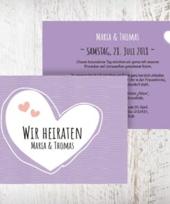 Hochzeitseinladungen violett Flieder - Maria mit Herzen auch in beige, grün und blush erhältlich. Die Hochzeitseinladungen Maria mit Herzen gibt es in 4 Farben. Gestalte deine Einladungskarten in drei einfachen Schritten in unserem Designertool fertig. | Mustertext | starhochzeit.de