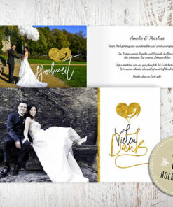 Dankeskarten Hochzeit, Dankeskarte Amelie, Herzmuster, goldenes Herz, vintage, weiss, Vielen Dank, Foto Hochzeitspaar, eigenes Foto hochladen
