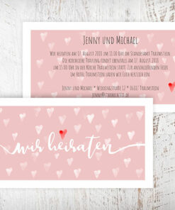Hochzeitseinladungskarte, Jenny, Herzmuster, rosa, vintage, weiss, rotes Herz. Liebe Hochzeit