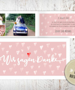 Dankeskarten Hochzeit, Dankeskarte Jenny, Herzmuster, altrosa, vintage, weiss, Wir sagen Danke, Foto Hochzeitspaar, eigenes Foto hochladen