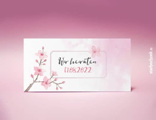 Hochzeitseinladung Kirschblüten – Mia – Vorderseite - Aquarell mit Blumen in zartrosa