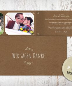 Dankeskarten Hochzeit, mit Foto, Dankeskarte, Danksagungskarte, Danksagung Hochzeit, beige, Kraftpapier, Wir sagen Danke, Klappkarte, 4 Seiten, Dinlang