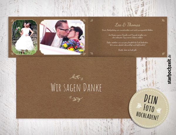 Dankeskarten Hochzeit, mit Foto, Dankeskarte, Danksagungskarte, Danksagung Hochzeit, beige, Kraftpapier, Wir sagen Danke, Klappkarte, 4 Seiten, Dinlang