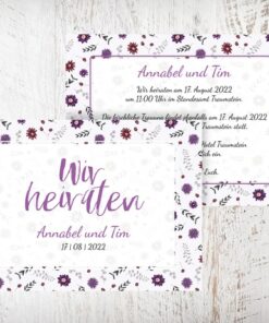 Hochzeitseinladungen mit Wildblumen-Motiv in natürlichen Farbtönen von Violett und Beere - zweiseitige Karte – Format DIN A6 quer, Natürlicher Look, passt zu deiner Hochzeit im Natur-Stil oder auch Boho-Stil. Auf dem Foto sind zu sehen sind die Vorderseite und ein Teil der Rückseite. Die Hochzeitskarten können einfach auf starhochzeit.de online gestaltet werden. Wir haben auch passende Kuverts.