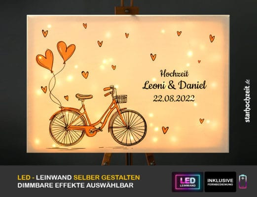 Hochzeit LED-Gästebuch- selber gestalten - rosa Fahrrad mit Herzen