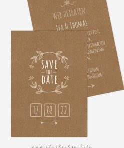 Save the Date Karten, Kraftpapier Look Blumenkranz