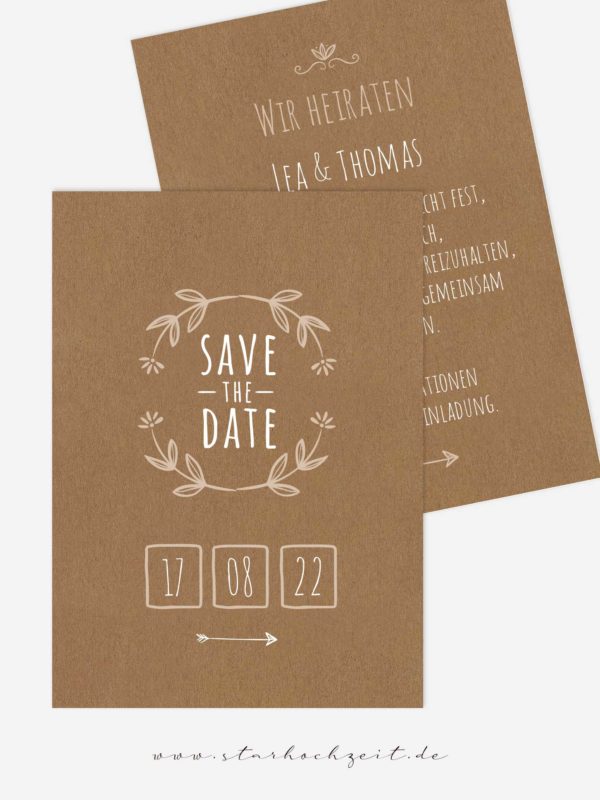 Save the Date Karten, Kraftpapier Look Blumenkranz