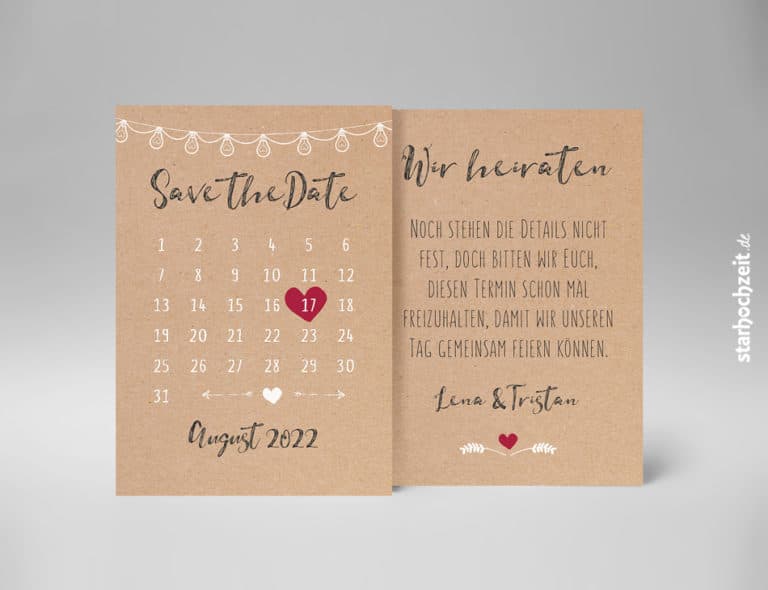 Save the Date Karte natur Kraftpapier - Optik | Kalender mit rotem Herz