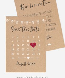 Save the Date Karten Hochzeit in Natur Kraftpapier Optik Kalender rotem Herz