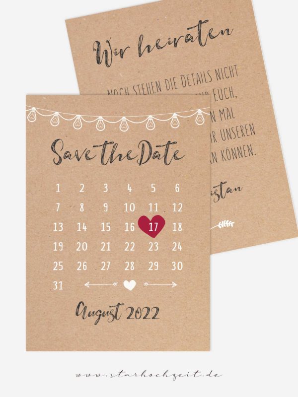 Save the Date Karten Hochzeit in Natur Kraftpapier Optik Kalender rotem Herz