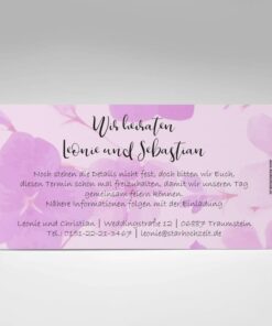 Rückseite: Save the Date Karte, Hochzeit, zweiseitige Hochzeitskarte, Din lang, Querformat, modern, zart rosa Blumenmotiv, monochrom, weiße Kaligrafie Schrift, besonders, zeitlos, elegant, Mustertext, veränderbare Farbe der Schrift in blau, rot, grau, grün, starhochzeit