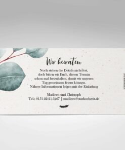 Save the Date Karte, SavetheDate, Hochzeitsdatum, Hochzeitseinladung, Eukalyptus, Natur, Naturpapier