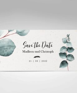 Save the Date Karte, SavetheDate, Hochzeitsdatum, Hochzeitseinladung, Eukalyptus, Natur, Naturpapier