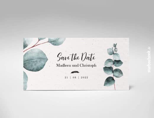 Save the Date Karte, SavetheDate, Hochzeitsdatum, Hochzeitseinladung, Eukalyptus, Natur, Naturpapier