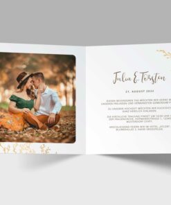 Einladungskarten Hochzeit, Blumengold, Quadratisch Klappkarte,