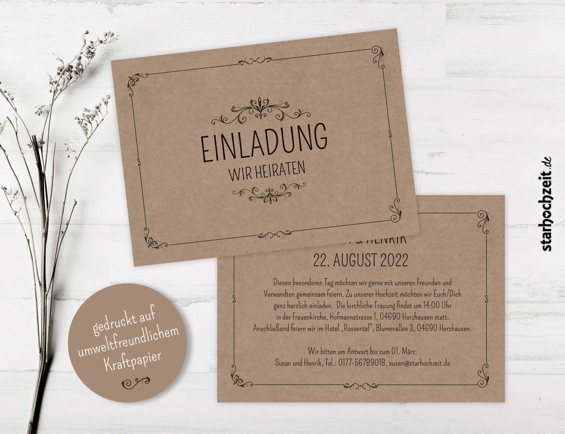 Schöne Hochzeitskarte Hochzeitseinladungskarte Einladung Hochzeit HE030+Umschlag 