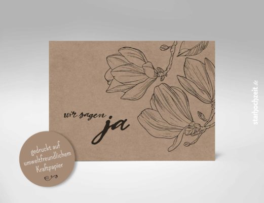 Einladungskarten Hochzeit Kraftpapier, wir sagen ja - Kraftpapier Vintage Liebe, Love, Blumen, Magnolie