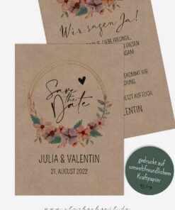 Save the Date Karten Hochzeit Kraftpapier mit Blumen Aquarell, Vintage, Natur, Landhausstil, rustikal