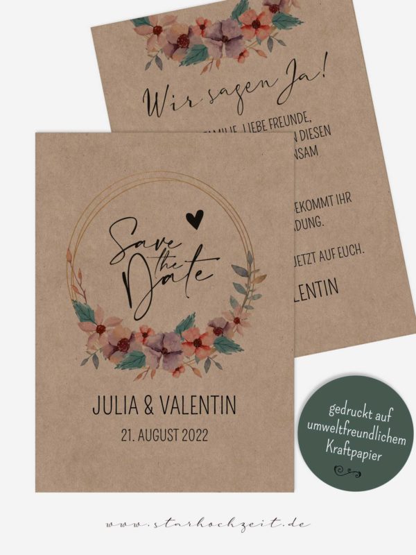 Save the Date Karten Hochzeit Kraftpapier mit Blumen Aquarell, Vintage, Natur, Landhausstil, rustikal