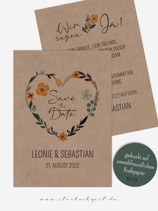 Save the Date Karten Hochzeit Blumenherz, Kraftpapier, Vintage, Banderole