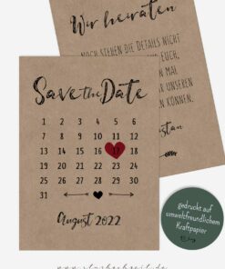 Save the Date Karte, Kalender, Herz, rot Kraftpapier, Vintage, modern, Hochzeitskalender
