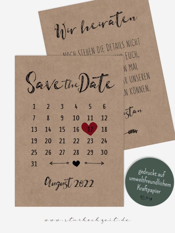 Save the Date Karte, Kalender, Herz, rot Kraftpapier, Vintage, modern, Hochzeitskalender