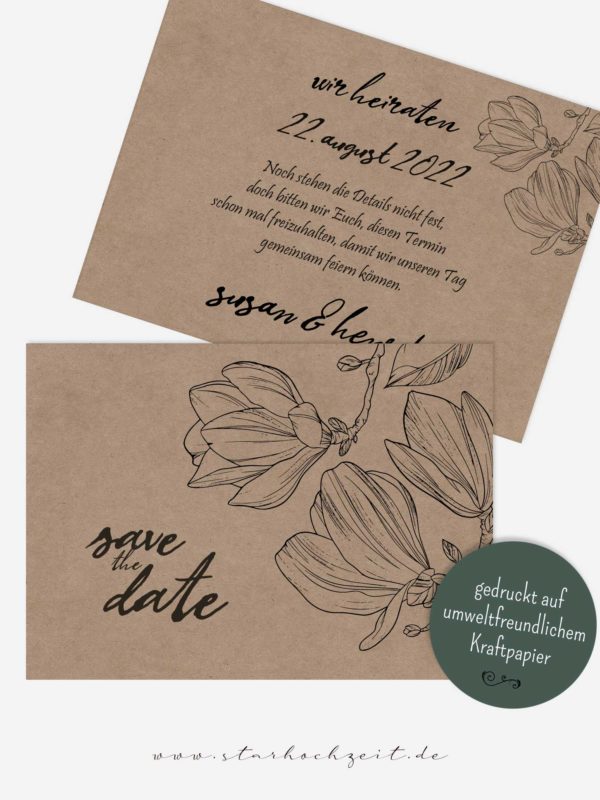 Save-the-Date Karten Hochzeit Kraftpapier Magnolie, Liebe, modern, außergewöhnlich