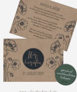Hochzeitseinladung Blaue Mohnblume auf echtem Kraftpapier