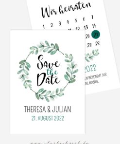 Save the Date Karten Hochzeit Soft Greenery Eukalyptus, Kalender Hochzeit