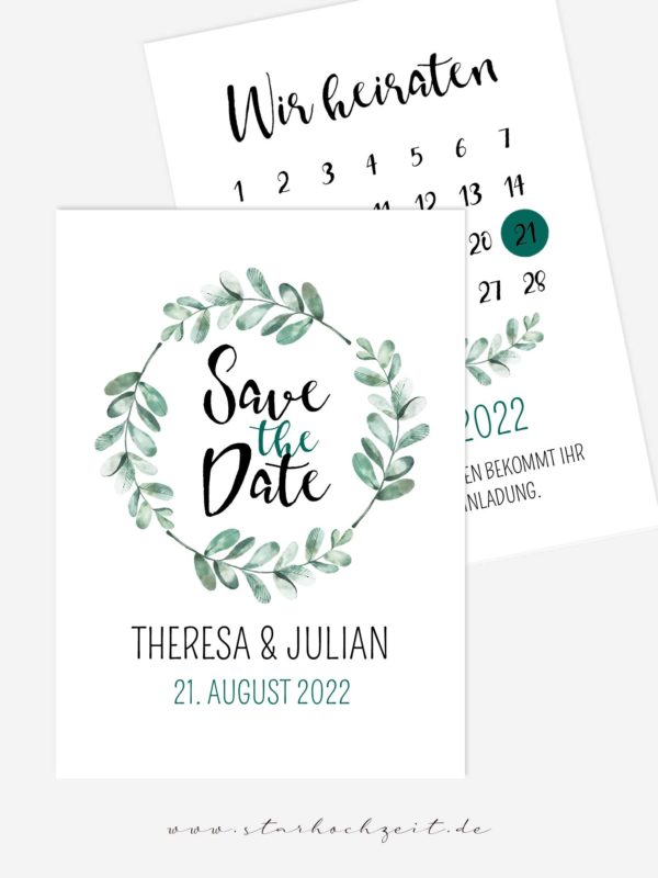 Save the Date Karten Hochzeit Soft Greenery Eukalyptus, Kalender Hochzeit