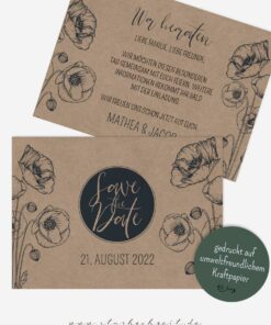 Save the Date Karten Hochzeit blaue Mohnblume gedruckt auf echtem Kraftpapier