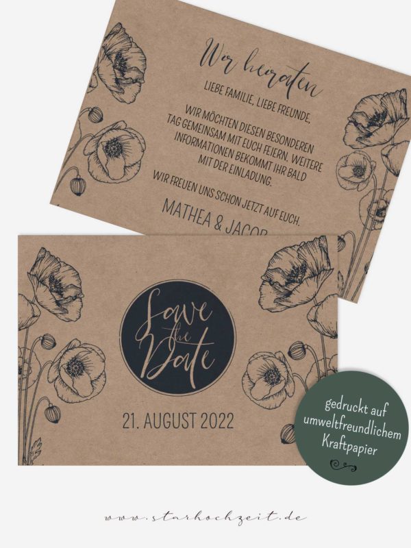 Save the Date Karten Hochzeit blaue Mohnblume gedruckt auf echtem Kraftpapier