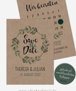 Save the Date Karten Hochzeit, Kraftpapier, Soft Greenery, Hochzeit, Grün, Natur, außergewöhnlich, Eukalyptus, Kalender Hochzeit