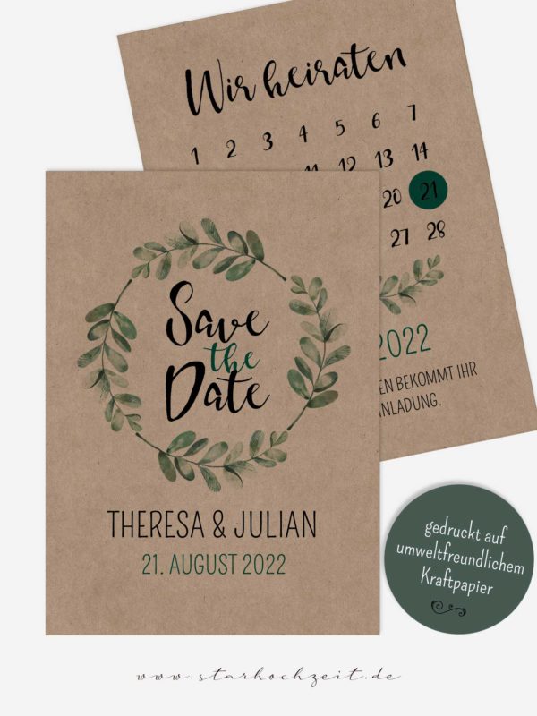 Save the Date Karten Hochzeit, Kraftpapier, Soft Greenery, Hochzeit, Grün, Natur, außergewöhnlich, Eukalyptus, Kalender Hochzeit