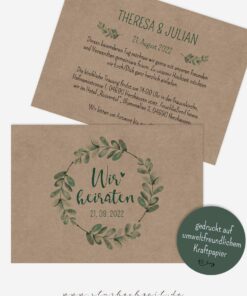 hochzeitseinladung, hochzeitseinladungskarte, kraftpapier, eukalyptus, soft, greenery, grün