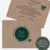Save-the-Date Karten – Ringzauber Kraftpapier mit grünem Ringkranzdesign für deine Hochzeit. Boho Style, DINA6, 2 Seiten, Ansicht Vorderseite und Rückseite, Designfarben und Schriftfarbe können geändert werden