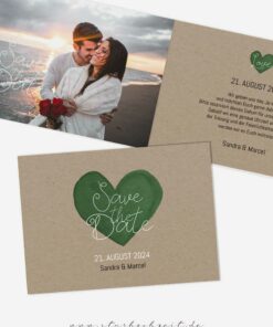 Save-the-Date Karte Love Craft, Klappkarte mit Foto, grün Herz