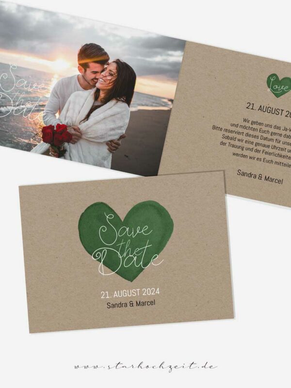 Save-the-Date Karte Love Craft, Klappkarte mit Foto, grün Herz