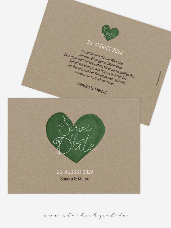 Save-the-Date Karte Hochzeit Love Craft grünes Herz
